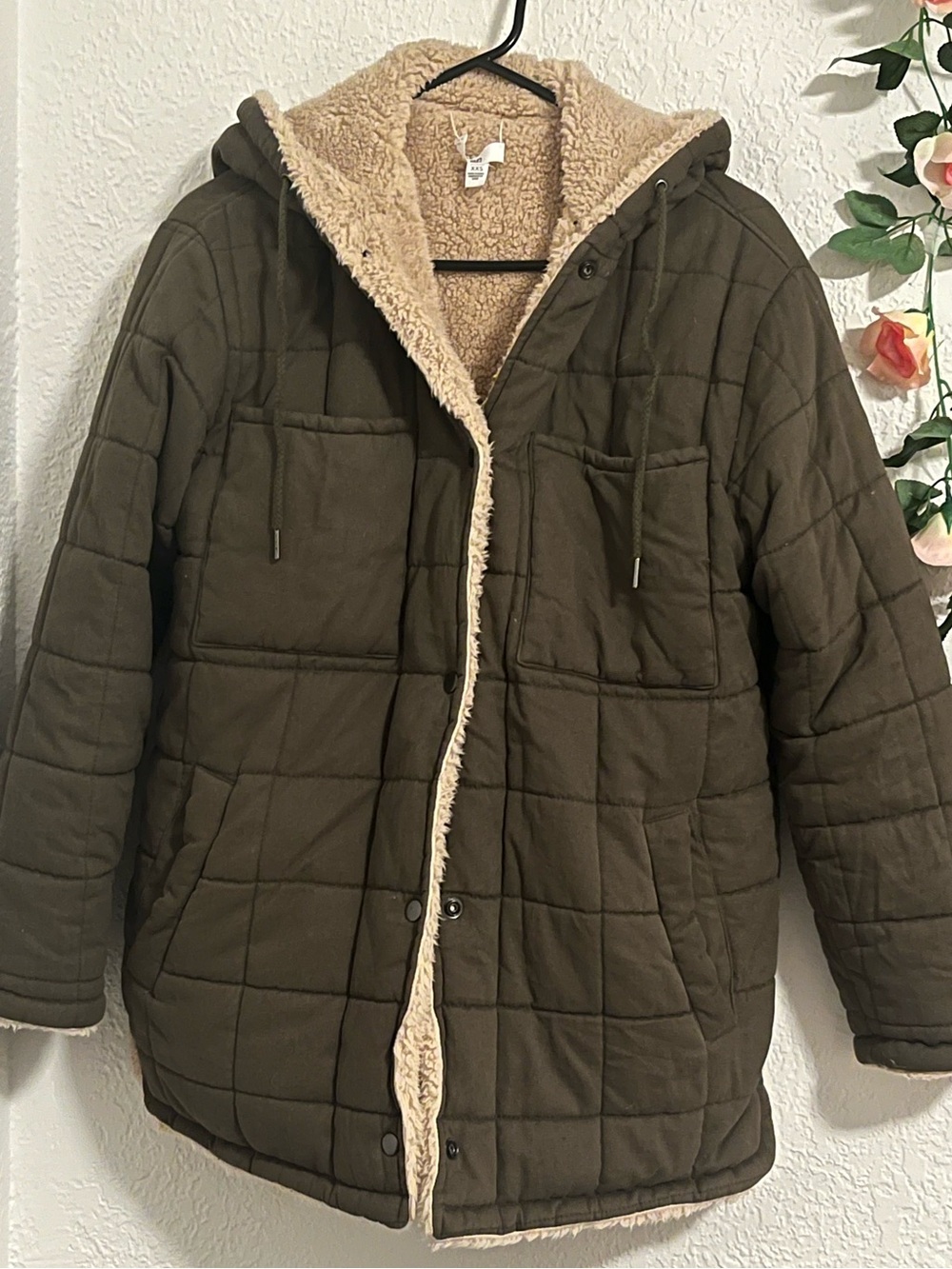 BP. Green Quilted Faux Sherpa Reversible Jacket